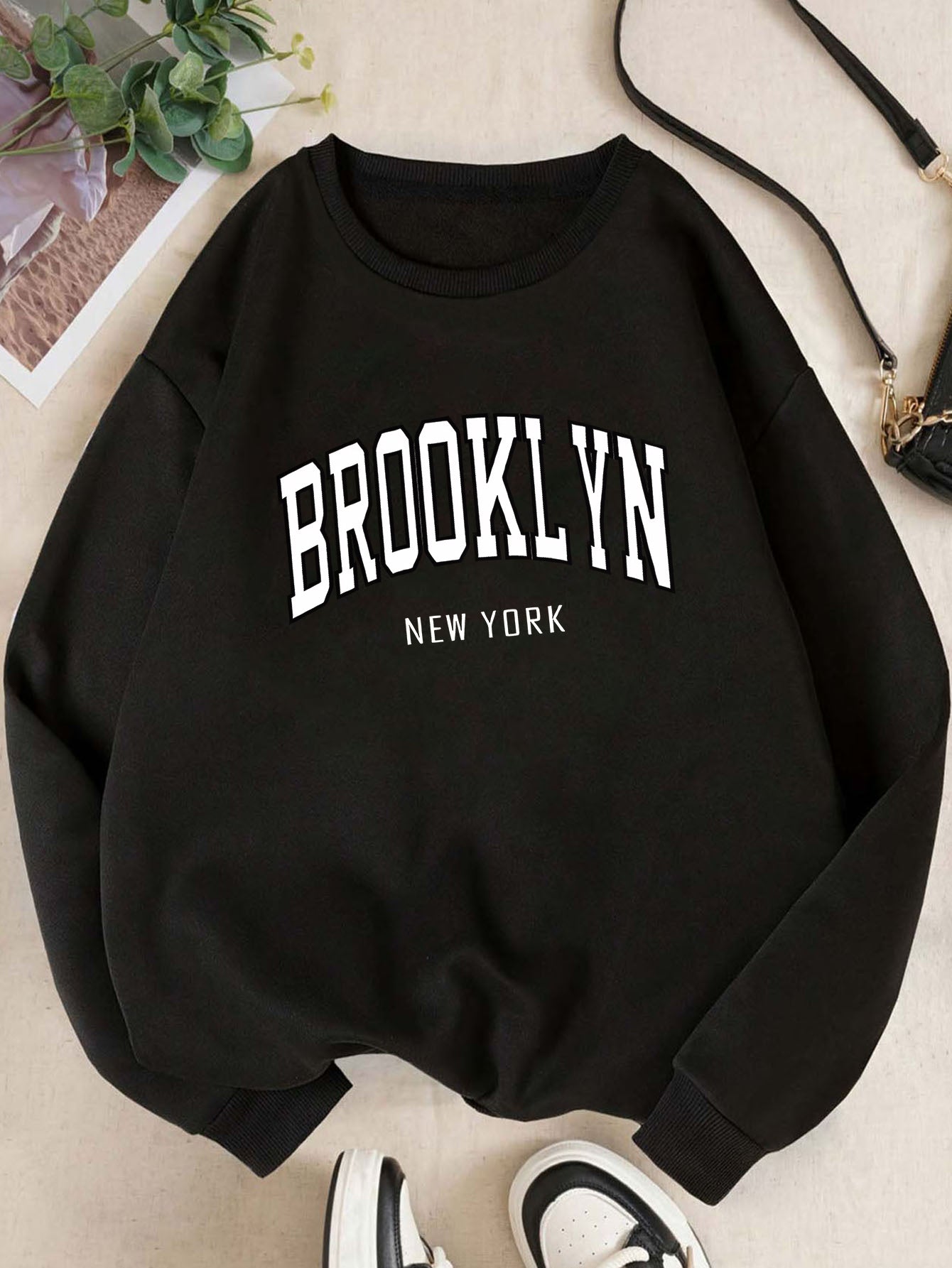 Brooklyn New York Sweatshirt for Women - Adult Polyester Knit Pullover with Round Neck, Casual Sports Hoodie, All-Season Elastic Fabric, Random Print Design