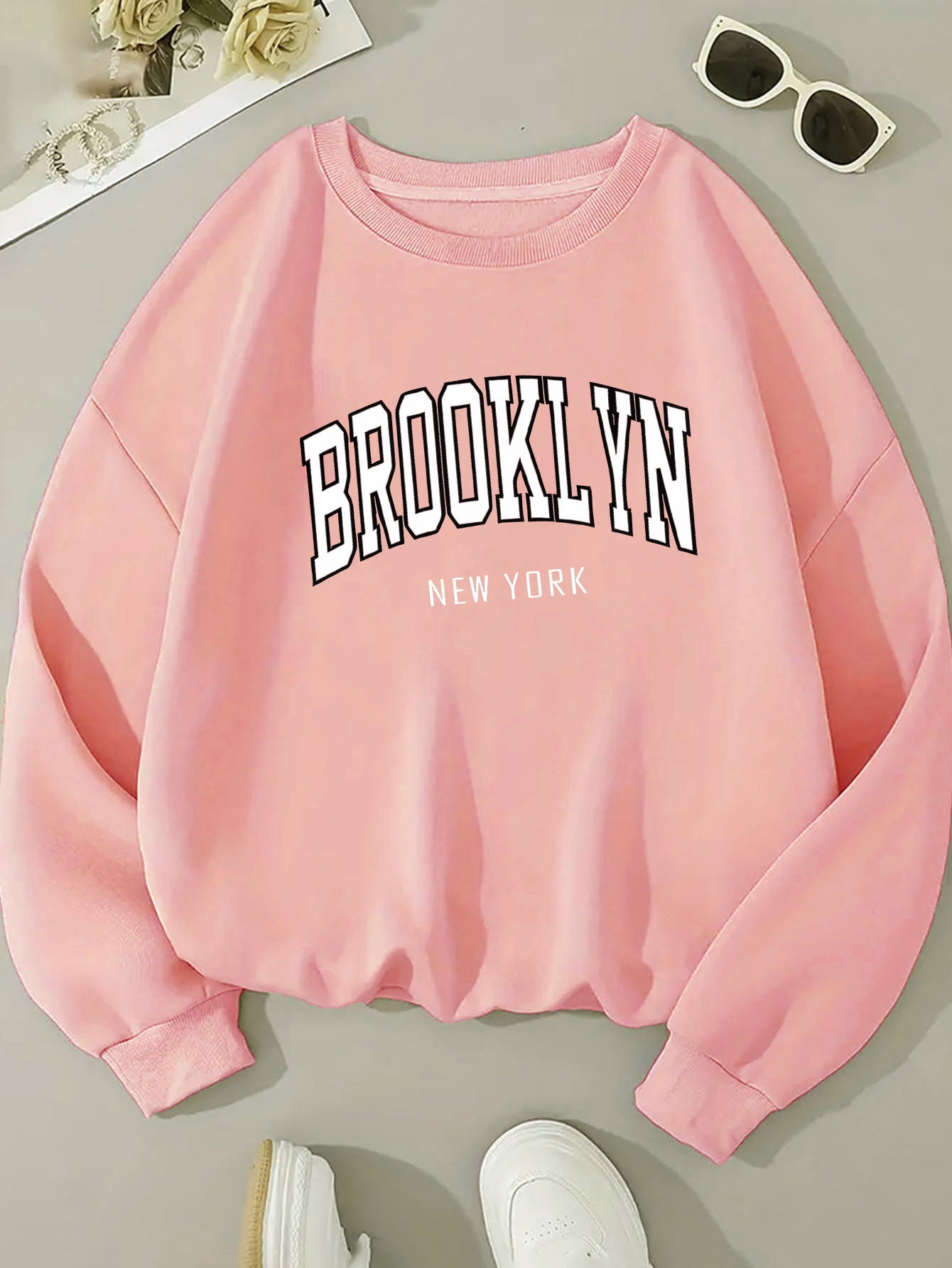 Brooklyn New York Sweatshirt for Women - Adult Polyester Knit Pullover with Round Neck, Casual Sports Hoodie, All-Season Elastic Fabric, Random Print Design