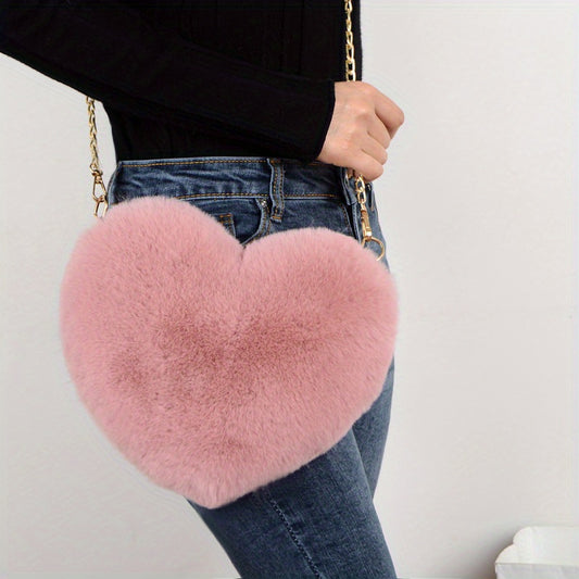 1pc Fashion Heart-Shaped Plush Crossbody Bag for Women, Cute Chain Shoulder Handbag with Zip Closure, Soft Faux Fur Coin Purse, Cotton Lined, Synthetic Material, Versatile for All Occasions