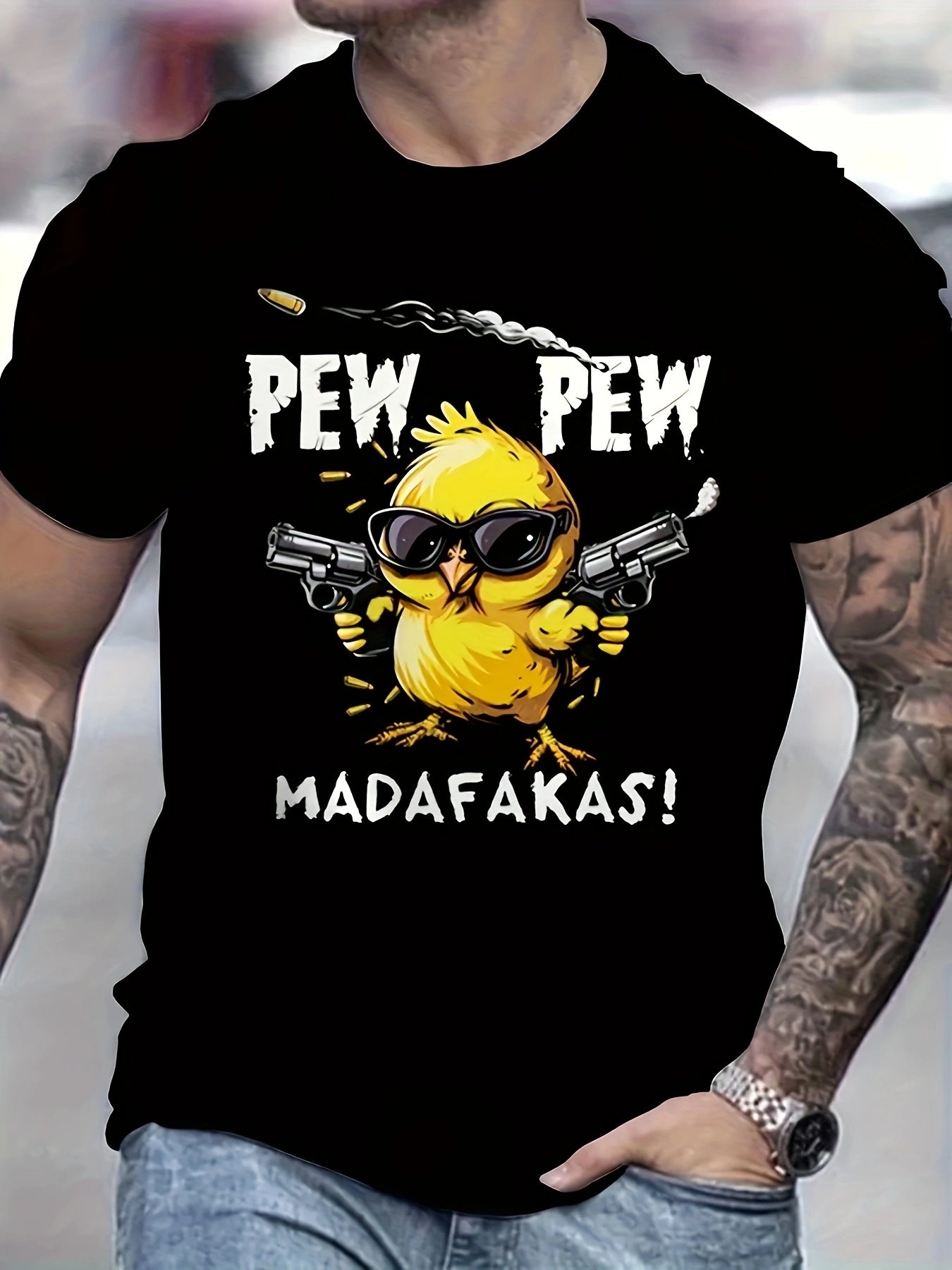 1pc Men'S Novelty T-Shirt, Vintage Style "Pew Pew Madafakas" Chicken with Guns Graphic, Polyester Knit Fabric, Casual Crew Neck, Short Sleeve Tee for Adults