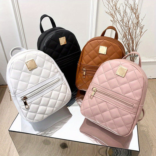 Fashion Lingge Quilted Women's Backpack - Elegant Faux Leather Mini Backpack with Polyester Lining and Zipper Closure for Girls, Available in White, Black, Pink, and Dark Brown