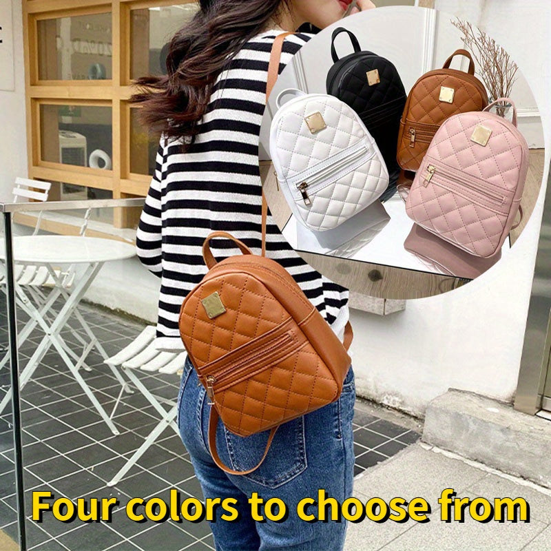 Fashion Lingge Quilted Women's Backpack - Elegant Faux Leather Mini Backpack with Polyester Lining and Zipper Closure for Girls, Available in White, Black, Pink, and Dark Brown