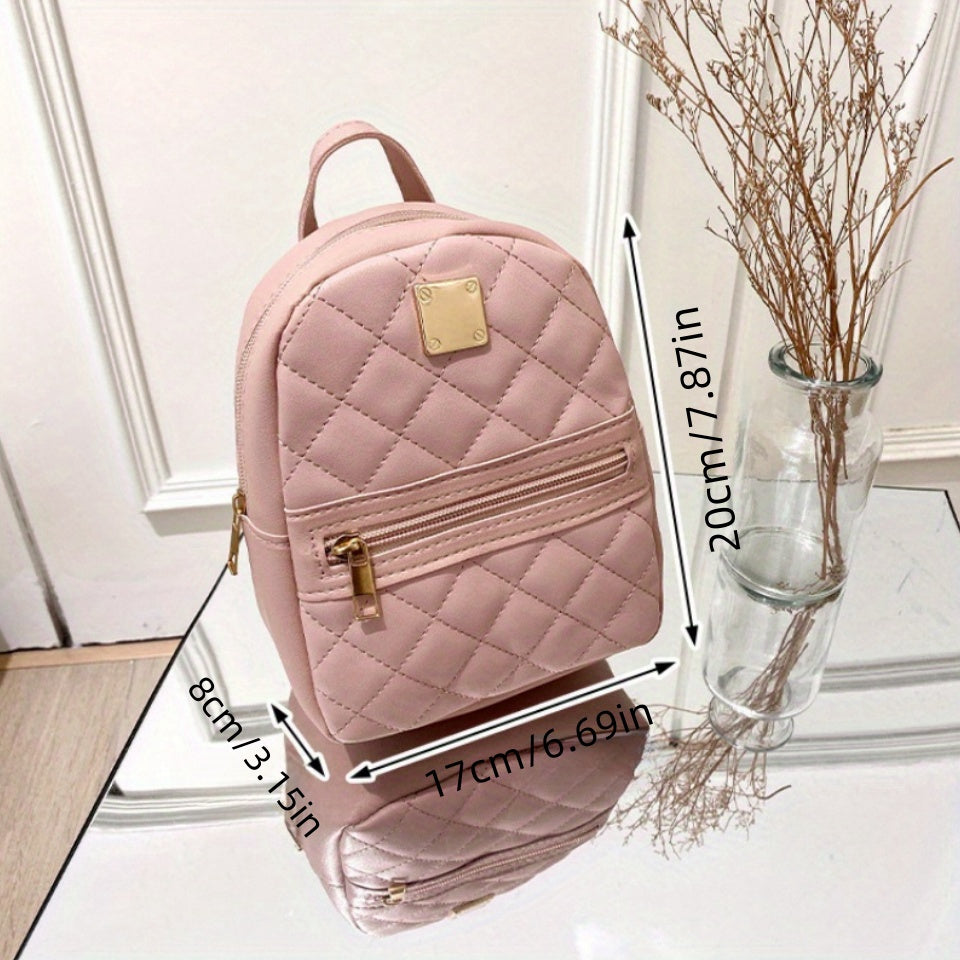 Fashion Lingge Quilted Women's Backpack - Elegant Faux Leather Mini Backpack with Polyester Lining and Zipper Closure for Girls, Available in White, Black, Pink, and Dark Brown