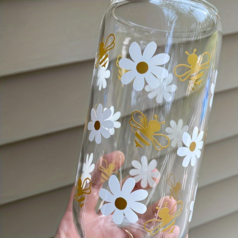 Daisy Floral 16oz Glass Tumbler with Lid & Straw - Reusable, High-Quality Drinkware for Iced Coffee, Tea, Juice, Milk - Perfect Birthday Gift