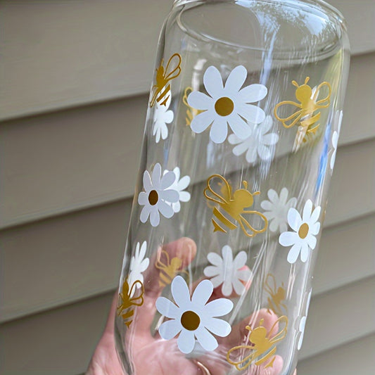 Daisy Floral 16oz Glass Tumbler with Lid & Straw - Reusable, High-Quality Drinkware for Iced Coffee, Tea, Juice, Milk - Perfect Birthday Gift