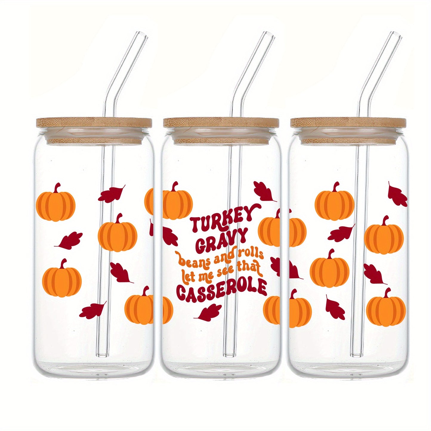 16oz Festive Glass Tumbler with Lid & Straw - Turkey Gravy & Pumpkin Design, Perfect for Iced Coffee & Holiday Drinks, Ideal Christmas & Thanksgiving Gift