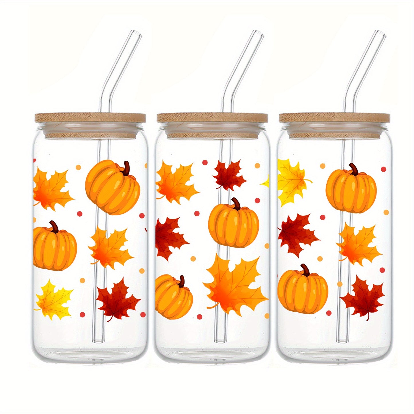 Thanksgiving 16oz Glass Tumbler with Lid & Straw - Pumpkin & Maple Leaf Design, Perfect for Fall Drinks, Coffee, Beer - Ideal Halloween Party Favor & Gift