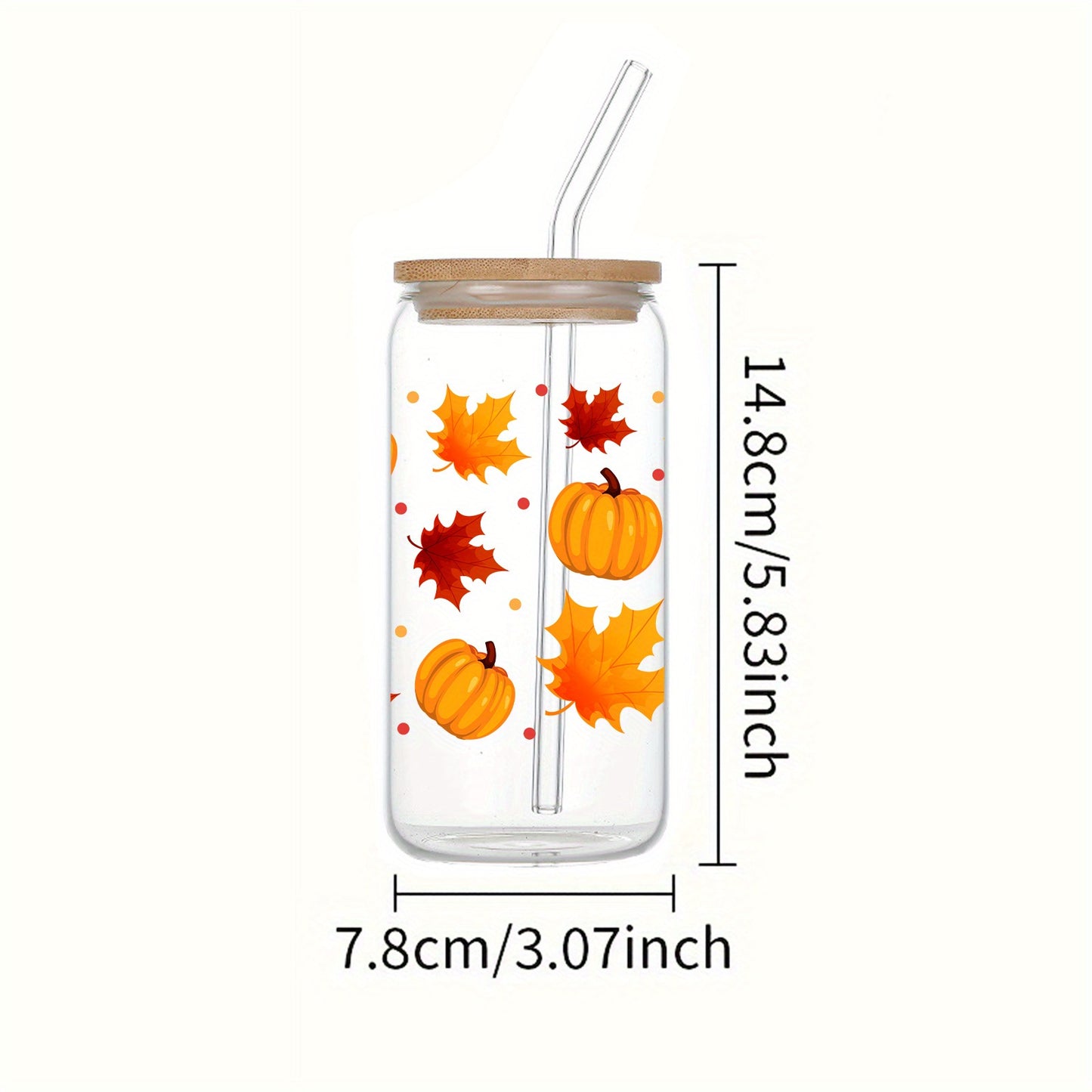 Thanksgiving 16oz Glass Tumbler with Lid & Straw - Pumpkin & Maple Leaf Design, Perfect for Fall Drinks, Coffee, Beer - Ideal Halloween Party Favor & Gift