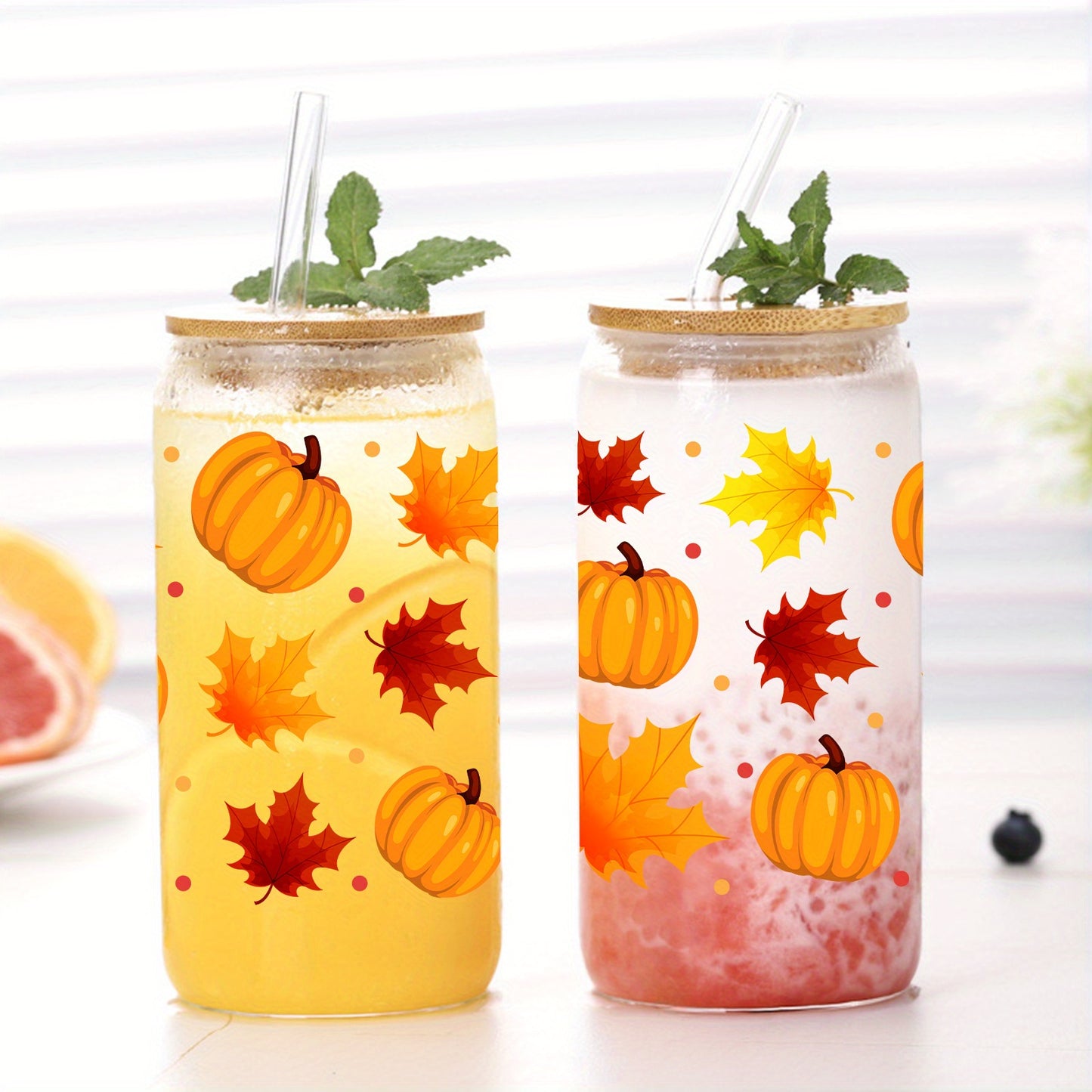 Thanksgiving 16oz Glass Tumbler with Lid & Straw - Pumpkin & Maple Leaf Design, Perfect for Fall Drinks, Coffee, Beer - Ideal Halloween Party Favor & Gift