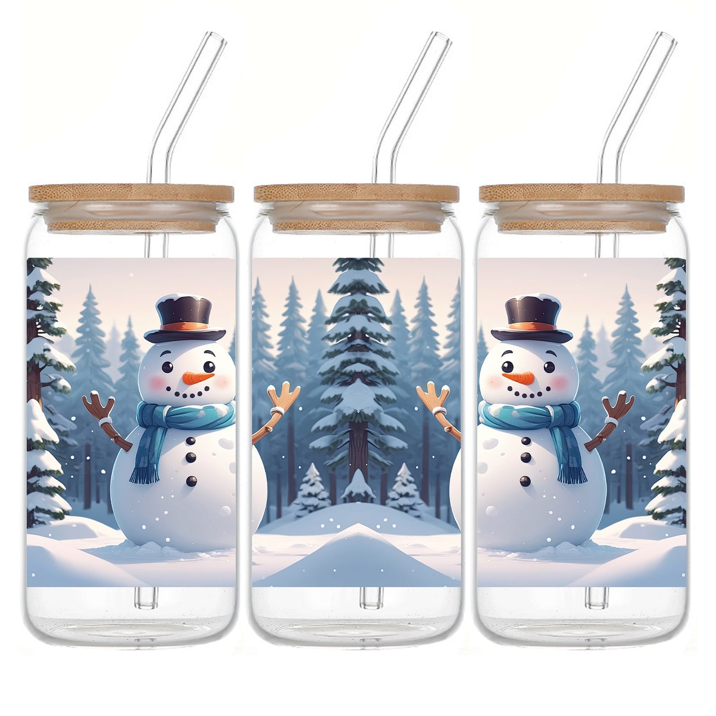 Christmas Cheer 16oz Glass Tumbler with Lid & Straw - Snowman, Snowflake & Forest Design | Reusable, Sustainable Drinkware for Holiday Parties & Gifts