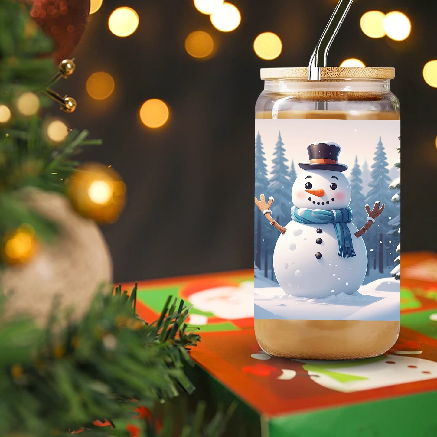 Christmas Cheer 16oz Glass Tumbler with Lid & Straw - Snowman, Snowflake & Forest Design | Reusable, Sustainable Drinkware for Holiday Parties & Gifts