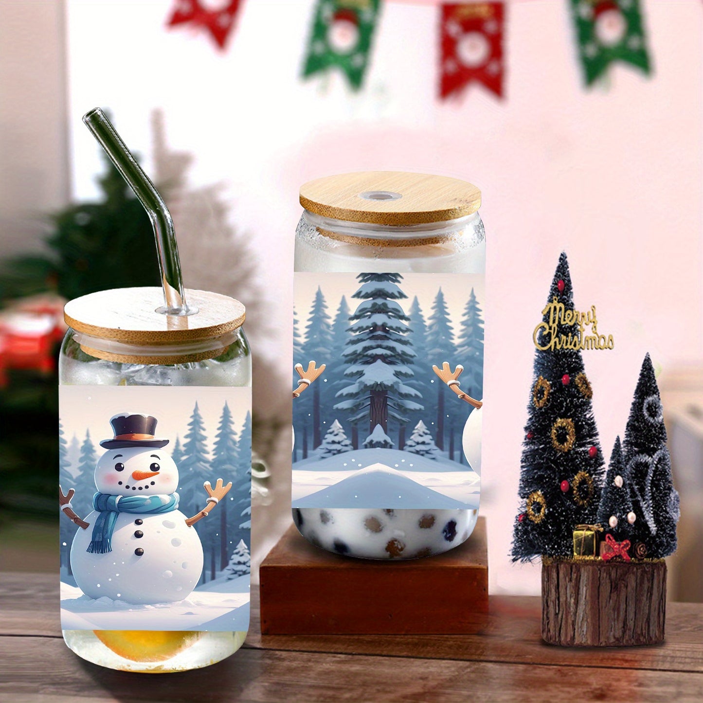 Christmas Cheer 16oz Glass Tumbler with Lid & Straw - Snowman, Snowflake & Forest Design | Reusable, Sustainable Drinkware for Holiday Parties & Gifts