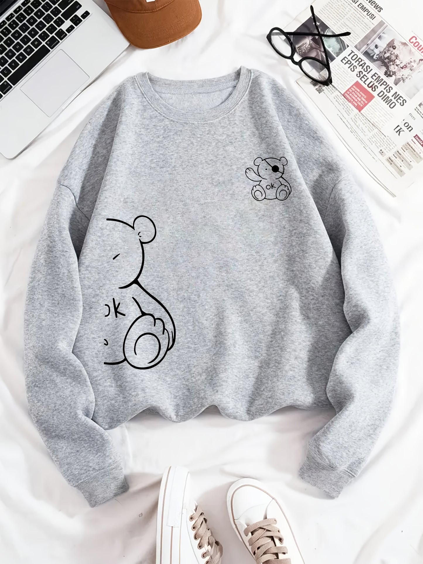 Cartoon Bear Design Sweatshirt for Women - Casual Polyester Knit Fabric Hoodie with Round Neck, All-Season Comfort