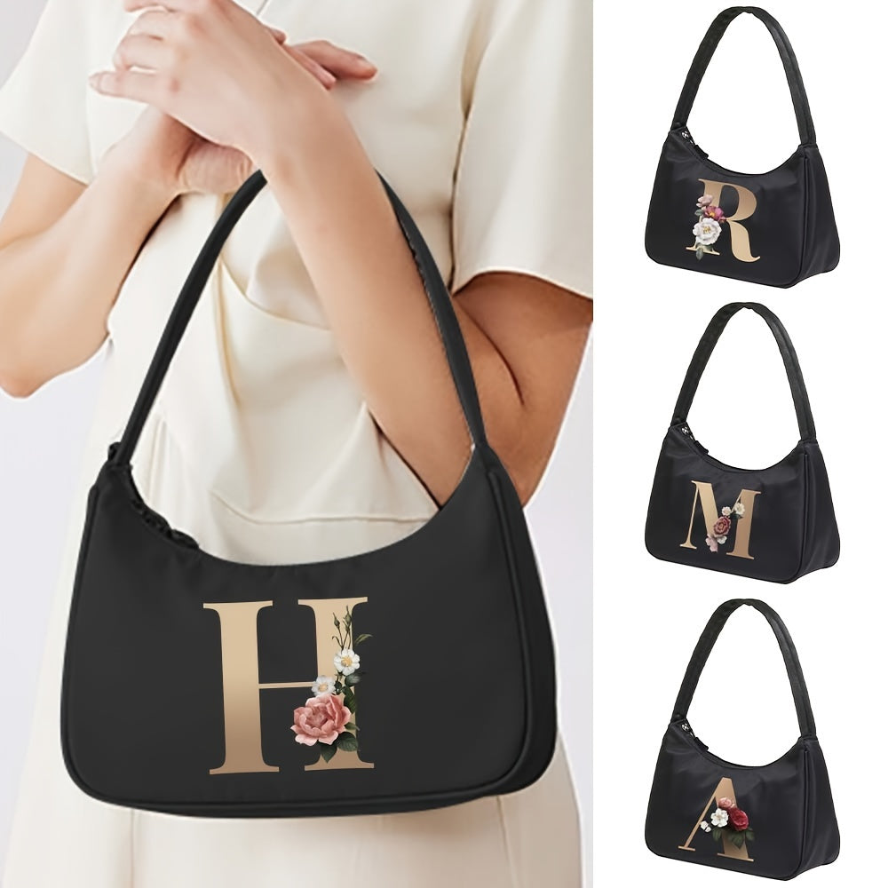 Floral Letter Print Shoulder Bag, Fashion Nylon Underarm Bag, Women's Zipper Handbag & Purse