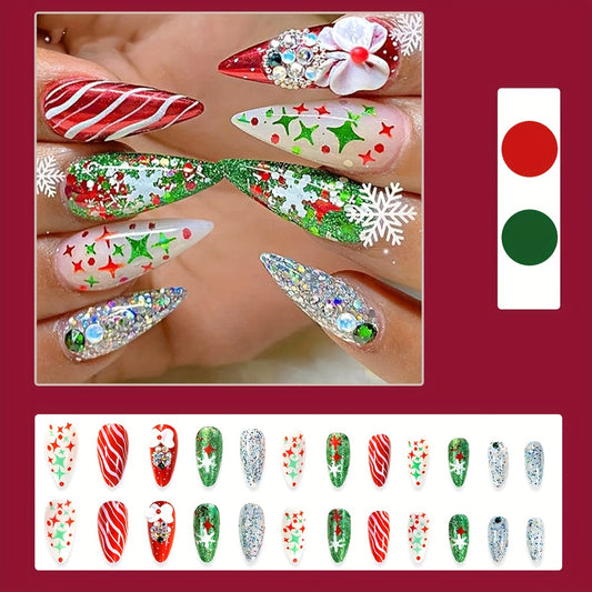 24pcs Christmas Almond Press-On Nails Set - Medium Length, Red & Green Snowflake Design with Rhinestones, Glossy Finish, Perfect Fit for Women - Ideal Holiday Manicure Gift