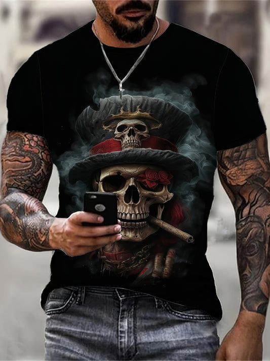 Men's Skull Print T-shirt, Casual Short Sleeve Crew Neck Tee, Men's Clothing For Outdoor