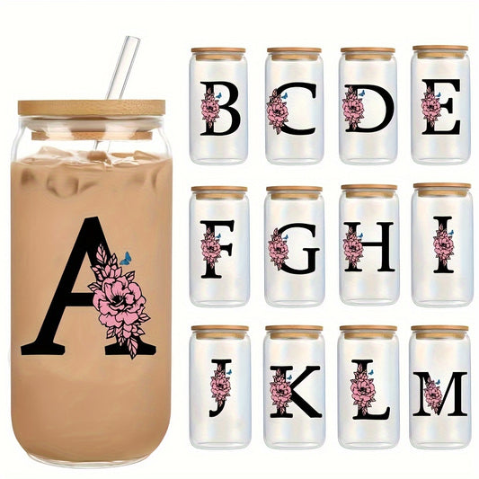 16oz Glass Tumbler with Lid & Straw - Monogrammed, Bamboo Lid for Iced Coffee, Smoothies & Beer - Perfect Gift for Her, Mom on Christmas or Birthday, for Return School