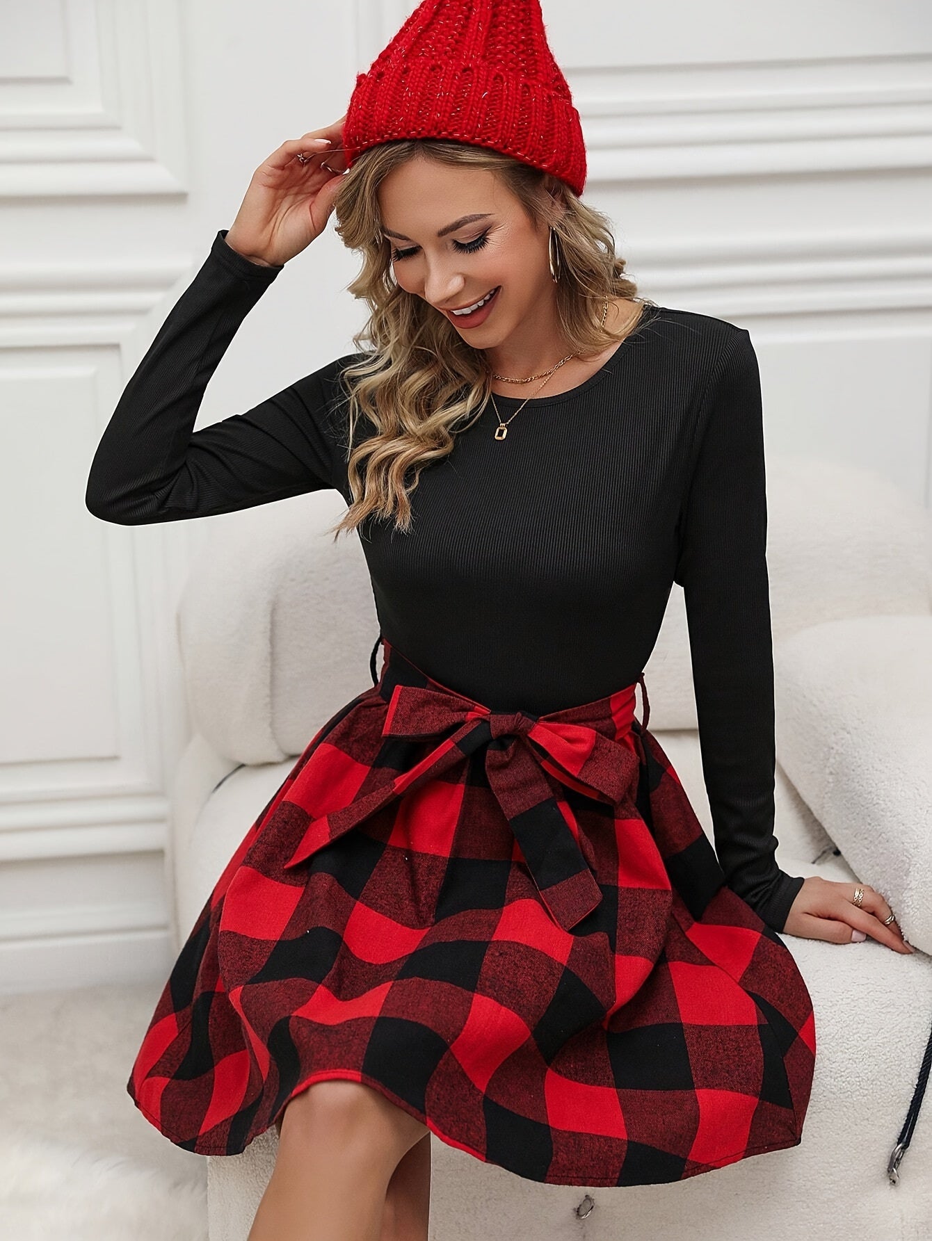 Plaid Print Lace Up Splicing A-line Dress, Elegant Crew Neck Long Sleeve Dress For Spring & Fall, Women's Clothing