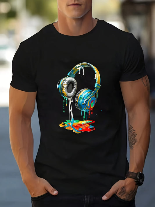 Colorful Headphone Print Short Sleeve T-Shirt For Men, Summer Casual Athletic Crew Neck Top For Daily Wear