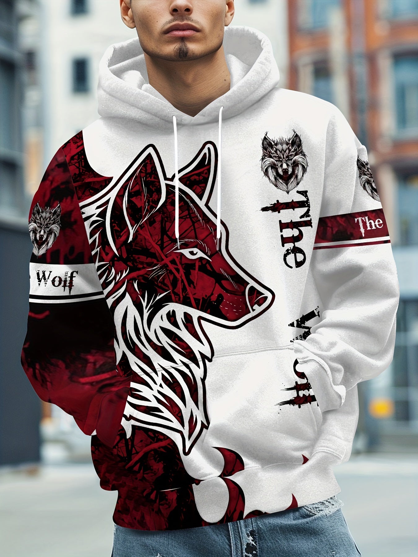 Men's 3D Wolf Print Hoodie - Casual Polyester Spandex Blend with Slight Stretch, Hooded Pullover with Long Sleeves, Geometric Pattern, Drawstring Detail, Knit Fabric Construction - Stylish & Comfortable
