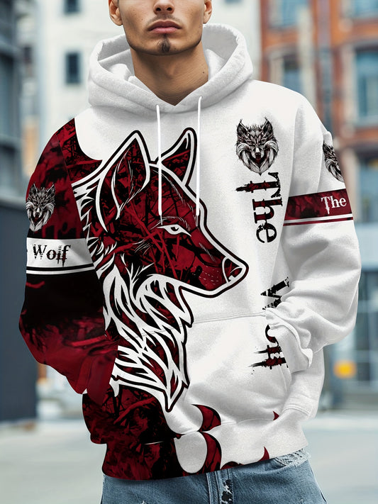 Men's 3D Wolf Print Hoodie - Casual Polyester Spandex Blend with Slight Stretch, Hooded Pullover with Long Sleeves, Geometric Pattern, Drawstring Detail, Knit Fabric Construction - Stylish & Comfortable