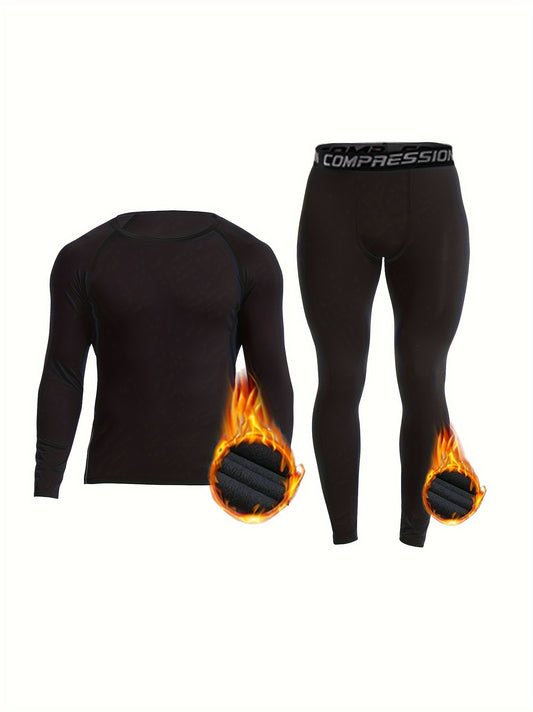 Men's Thermal Underwear Set, Skiing Winter Warm Base Layers, Tight Long Sleeve Round Neck Top & Bottom Pants Set