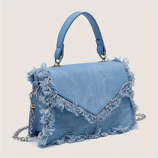 Chic Sky Blue Denim Mini Crossbody Bag with Fringe Detail - Magnetic Closure, Polyester Lined, Women's Fashion Shoulder Purse