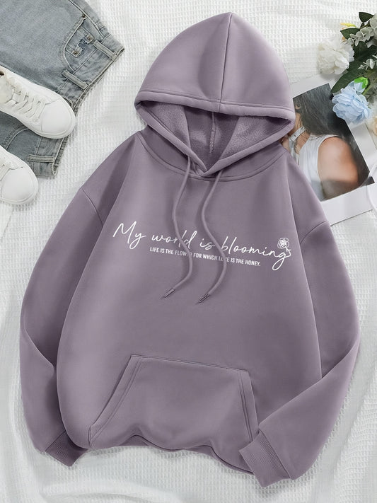 Letter Print Kangaroo Pocket Hoodie, Casual Drop Shoulder Long Sleeve Drawstring Hoodies Sweatshirt, Women's Clothing