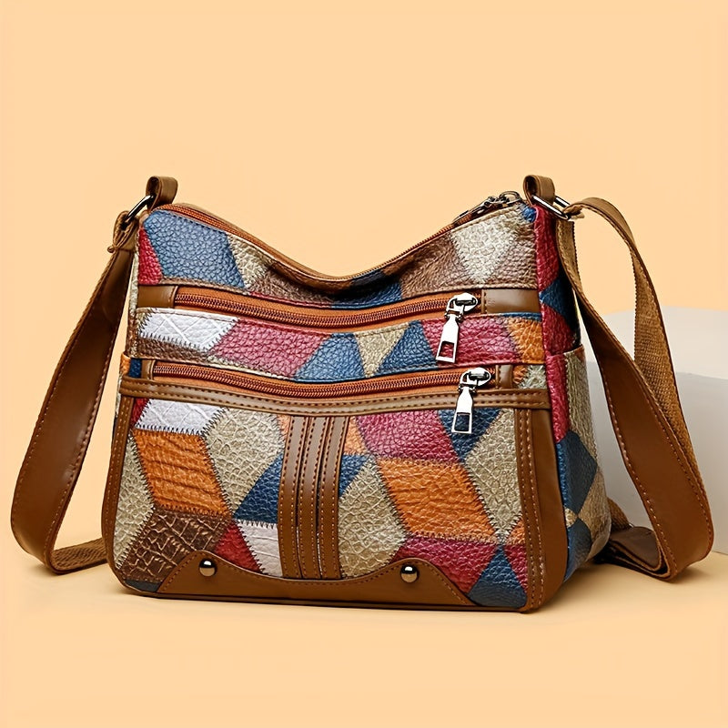 Fashionable & Large Capacity Crossbody Bag, Elegant Single Shoulder Bag With 3D Pattern, Colorblock Faux Leather Tote For Daily Commuting