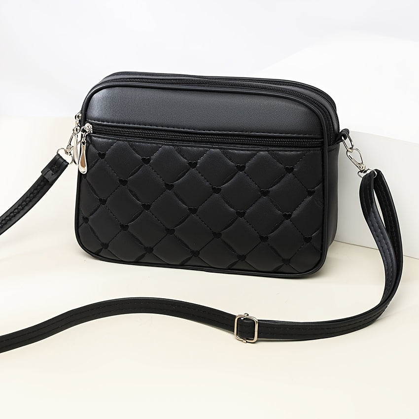 Fashion Quilted Crossbody Bag for Women, Solid Color PU Leather Messenger Shoulder Bag with Adjustable Strap, Lightweight Zippered Handbag with Polyester Lining, Casual Large Capacity Satchel from Guangzhou