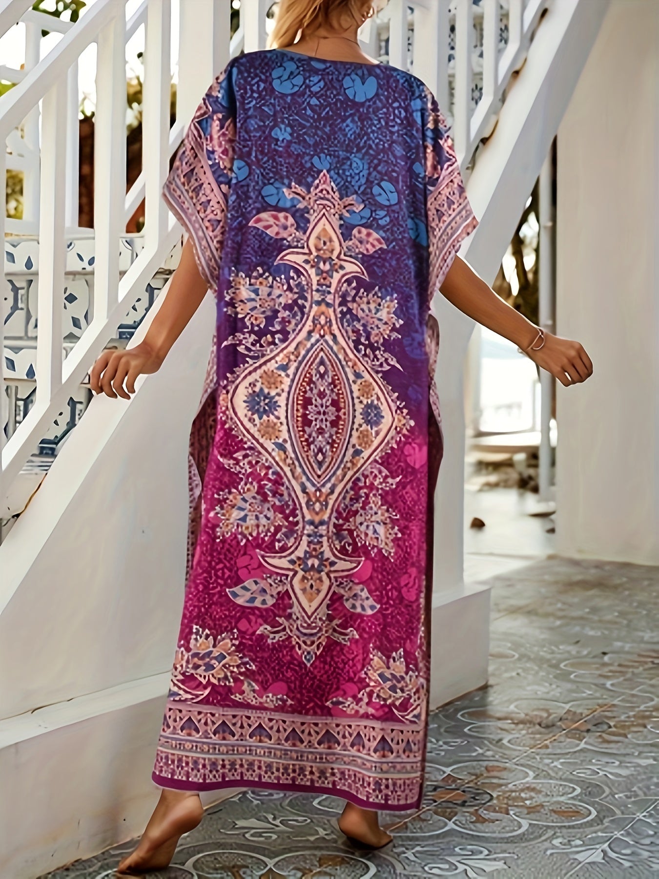 Ethnic Print V Neck Kaftan Dress, Elegant Batwing Sleeve Loose Fit Maxi Dress, Women's Clothing