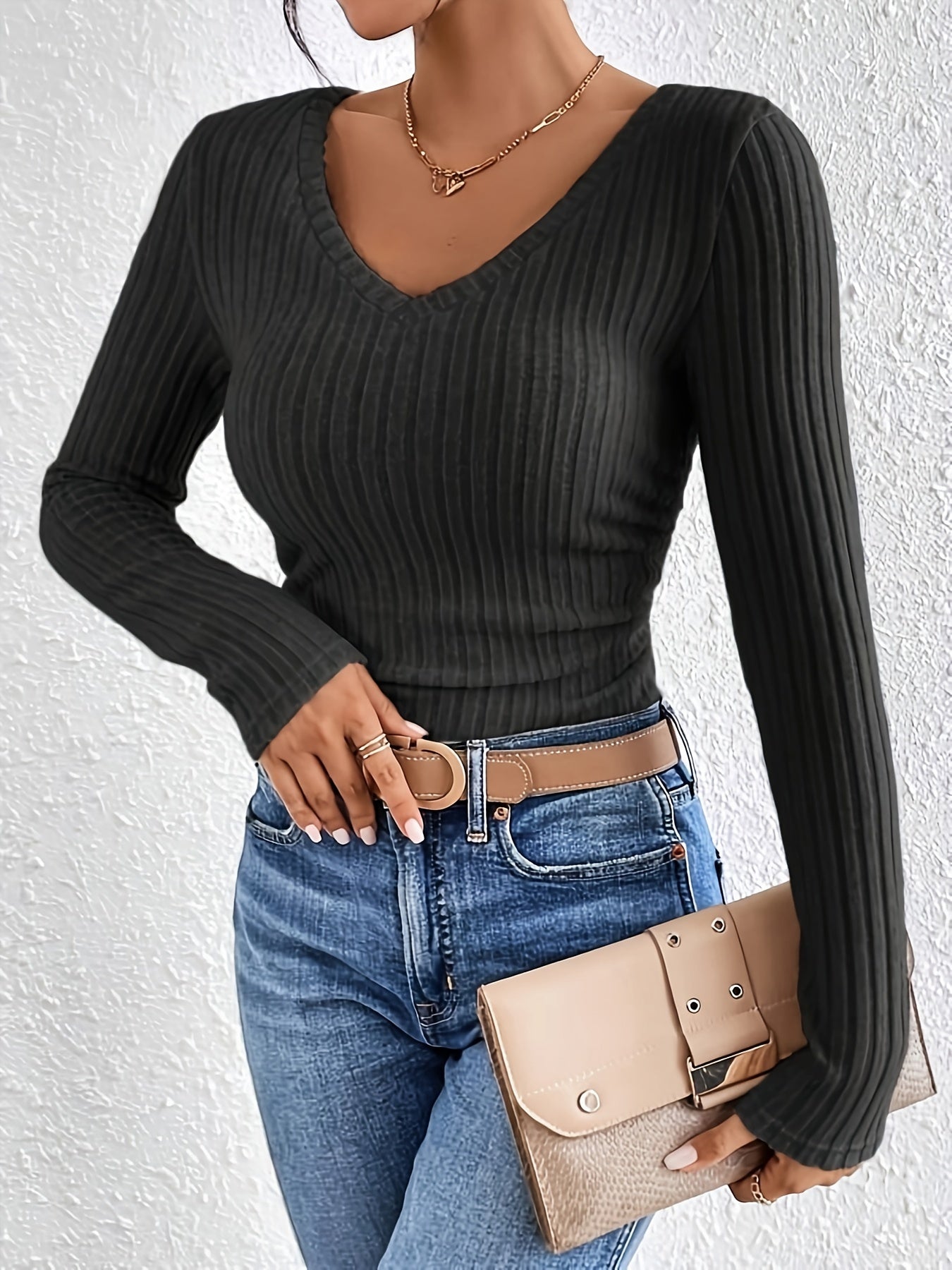 Ribbed V Neck T-Shirt, Casual Long Sleeve Top For Spring & Fall, Women's Clothing