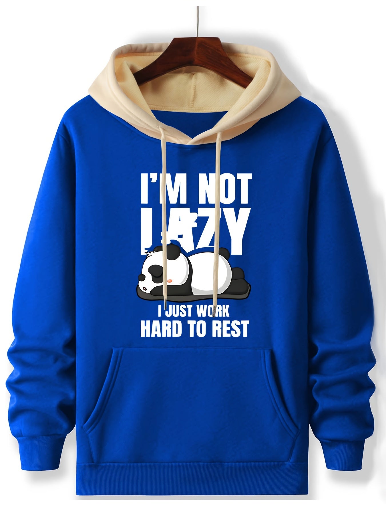 Men'S Casual Hoodie with Cartoon Panda Print, "I'm Not Lazy, I Just Work Hard to Rest" Slogan, Stretchy Polyester, Regular Fit, Crew Neck, Knit Fabric, Fashionable Fall/Winter Pullover - PSLM-1454