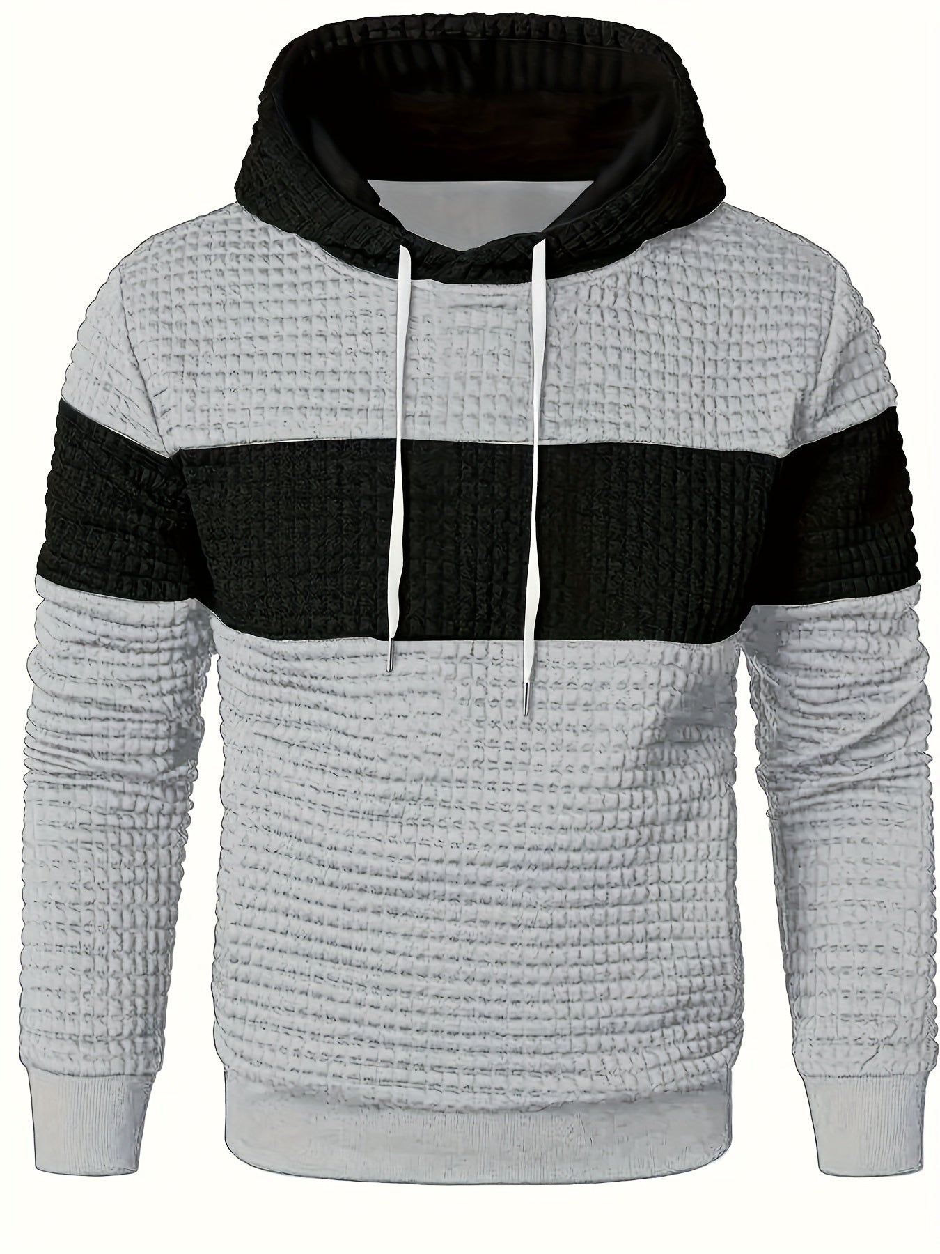 Men'S Color Block Hoodie, Casual Polyester Knit Sweatshirt with Stretch Fabric, Regular Fit, Long Sleeve, All-Season, Pullover Style, Fashionable Plaid Pattern, for Daily and Leisure Wear