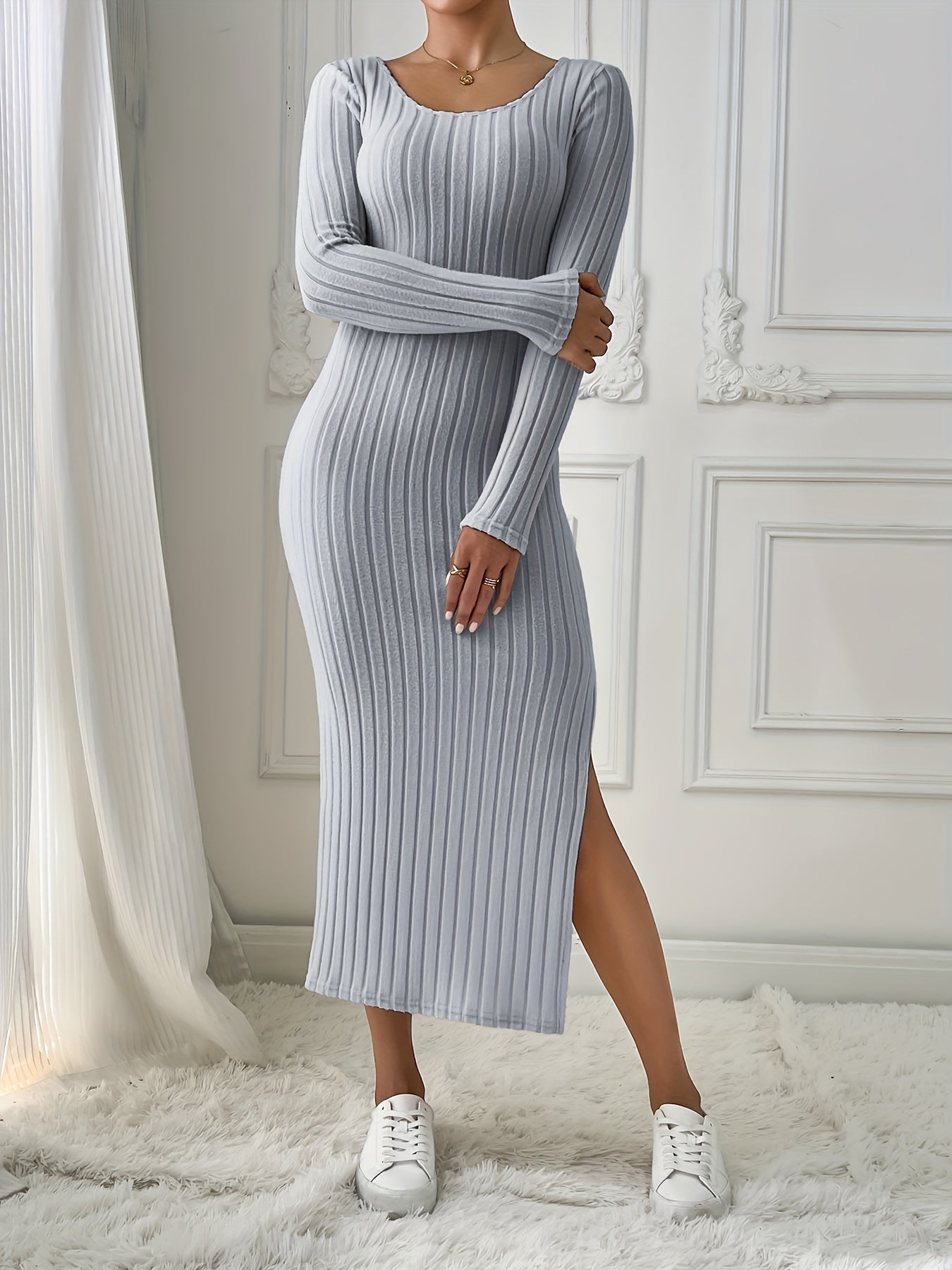 Solid Ribbed Split Dress, Elegant Crew Neck Long Sleeve Dress, Women's Clothing