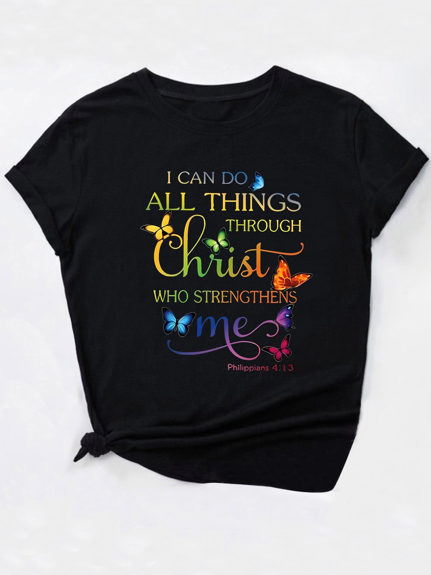 Women's Fashion Short Sleeve T-Shirt, With Colorful Gradient Butterfly & Inspirational Quote Print, Casual Round Neck Top