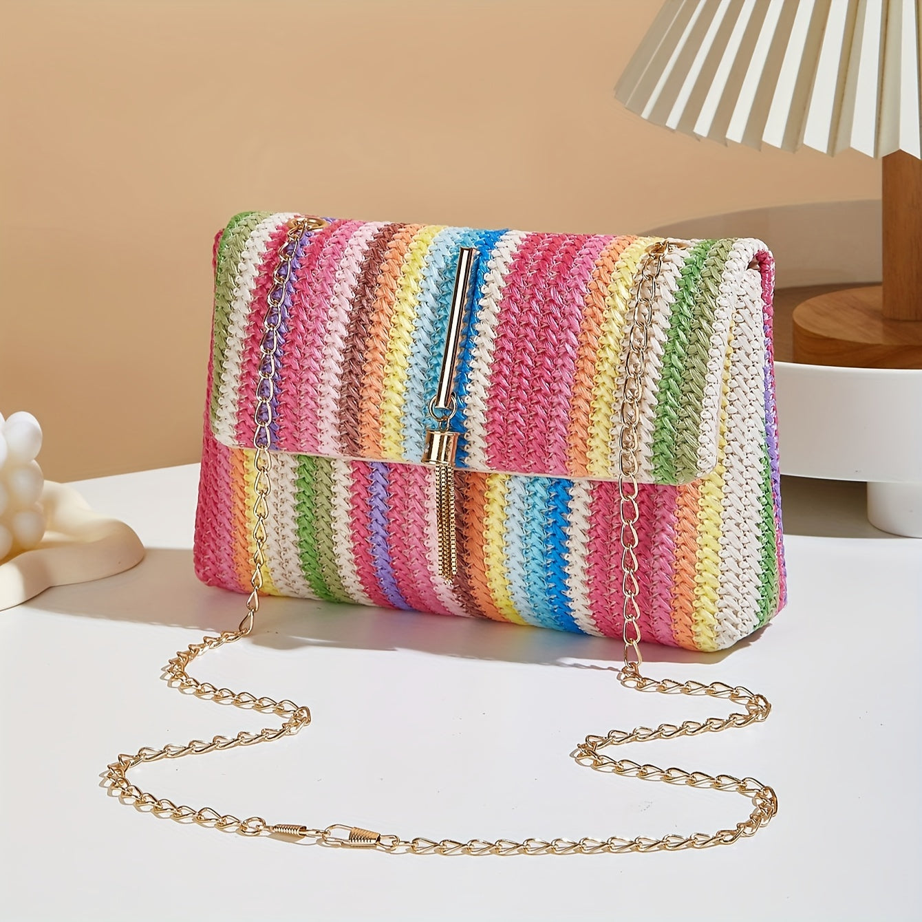 Chic Rainbow Stripe Straw Crossbody Bag for Women - Adjustable Shoulder Strap, Magnetic Closure, Tassel Accent, Fashionable Square Purse