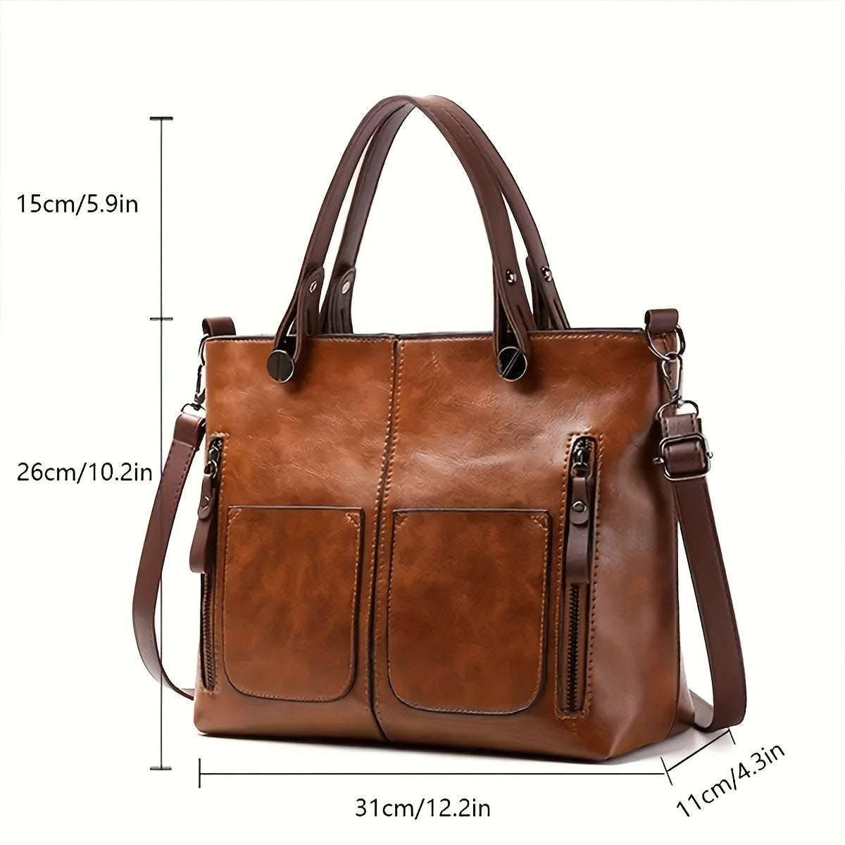 Chic Large Capacity Tote Bag for Women - Vintage-Inspired Faux Leather Shoulder Handbag with Zip Closure