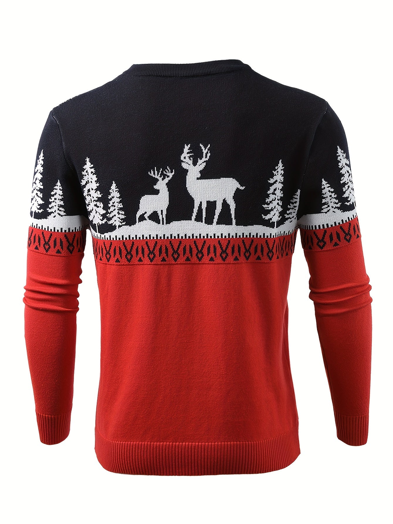 Men's Festive Christmas Reindeer Crew Neck Sweater - Cozy Polyester, Perfect for Holiday Parties & Gifts