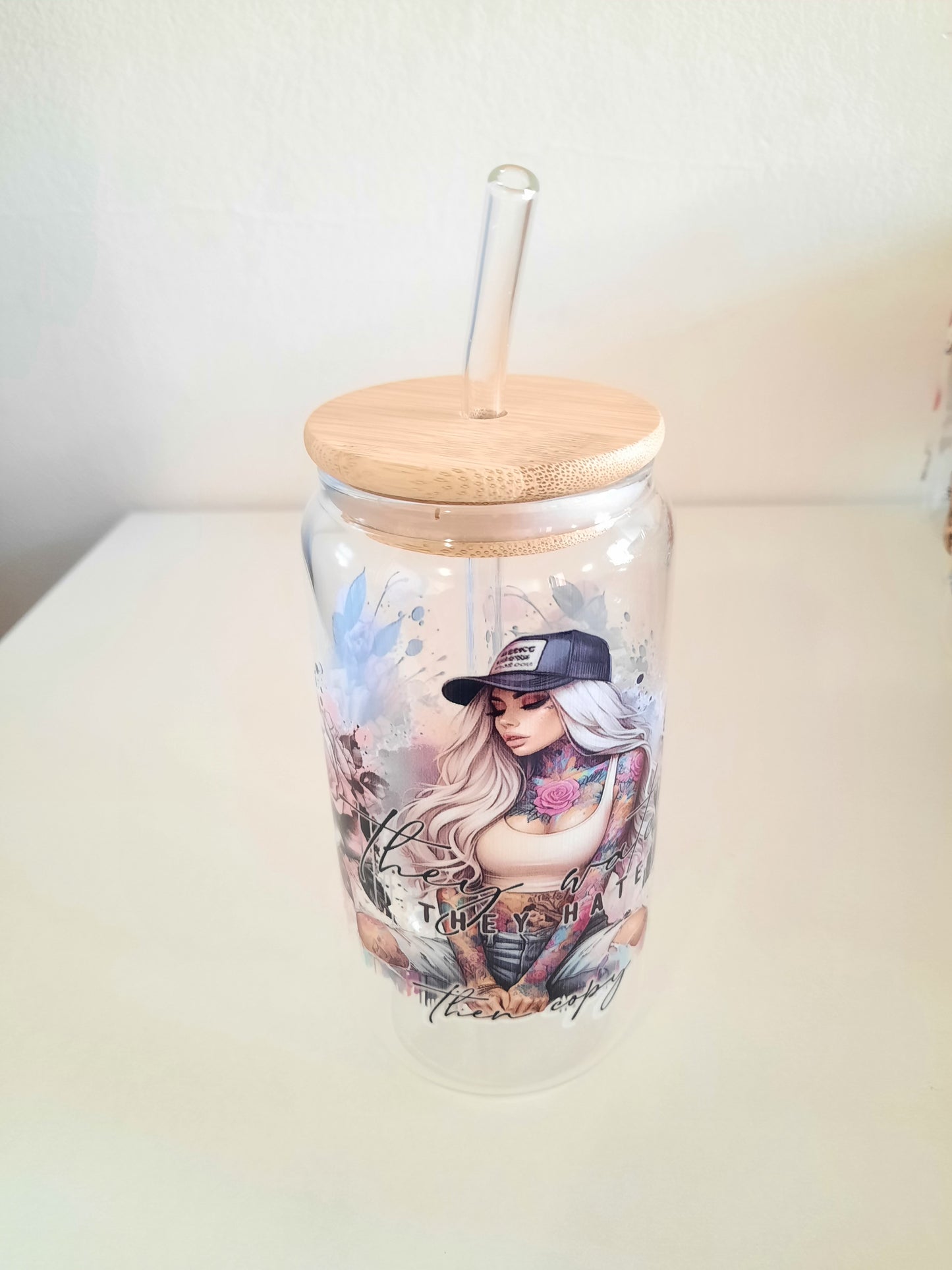 1pc customised Glass tumbler cup with bamboo lid +straw with customised floral adhesive waterproof sticker 500ml