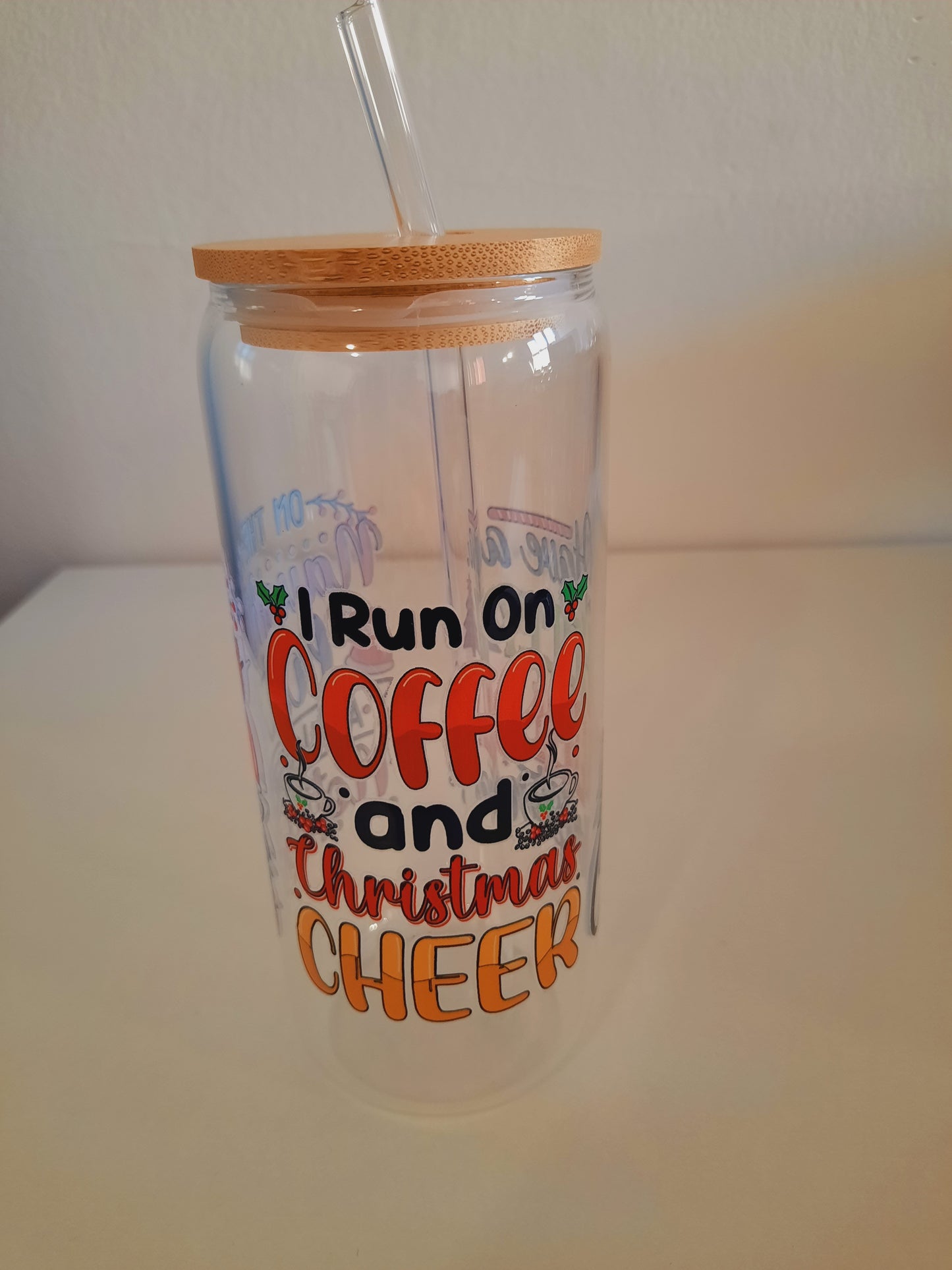 1pc customised Glass tumbler cup with bamboo lid and straw with customised adhesive waterproof coffee print sticker 600ml