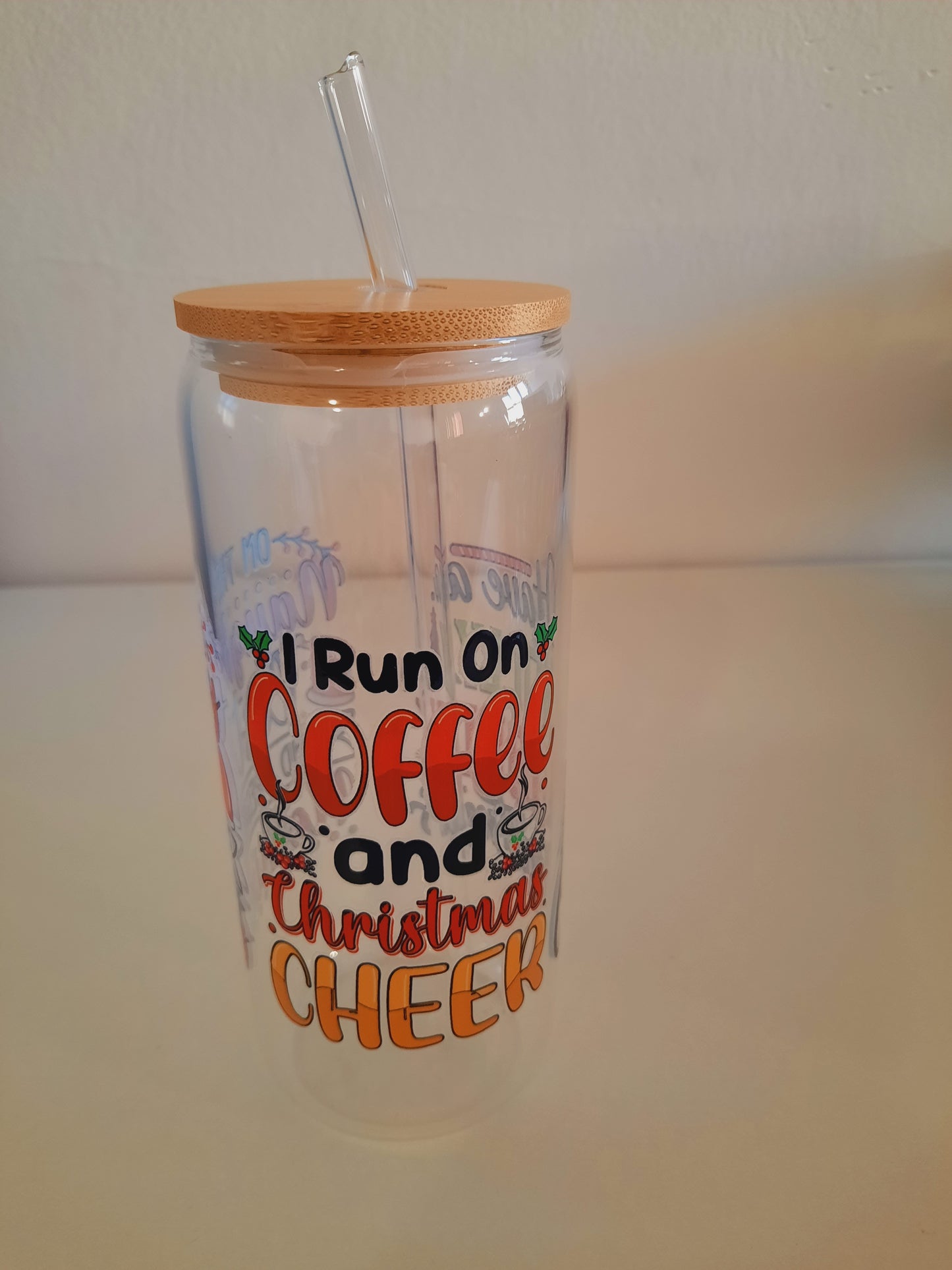 1pc customised Glass tumbler cup with bamboo lid and straw with customised adhesive waterproof coffee print sticker 600ml