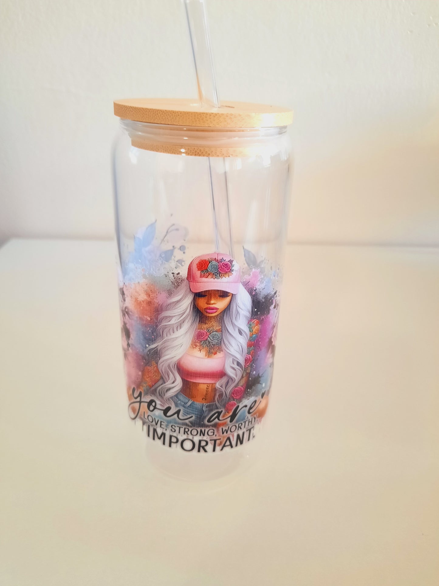 1pc customised Glass tumbler cup with bamboo lid and straw with customised adhesive waterproof sticker 600ml