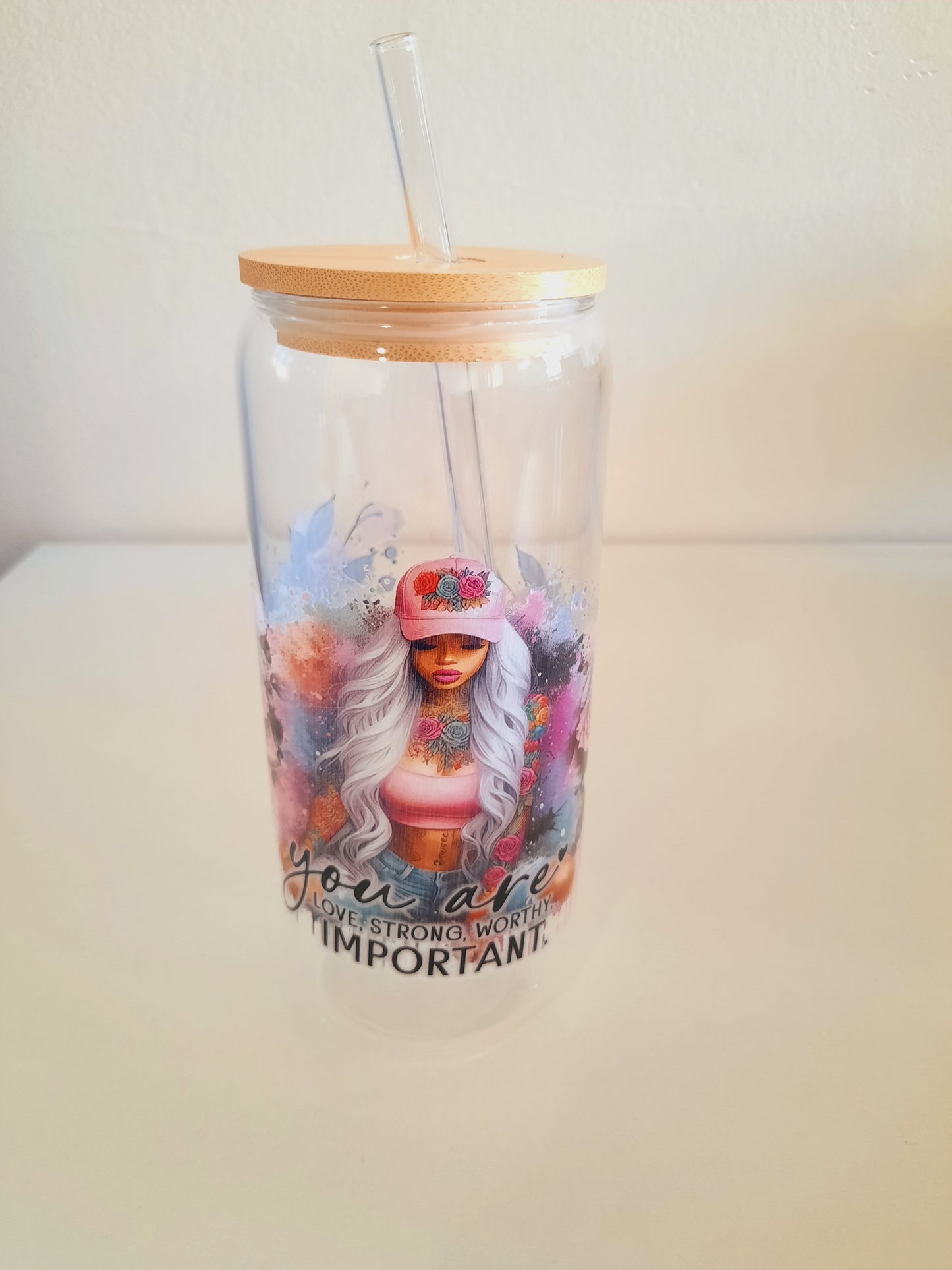 1pc customised Glass tumbler cup with bamboo lid and straw with customised adhesive waterproof sticker 600ml