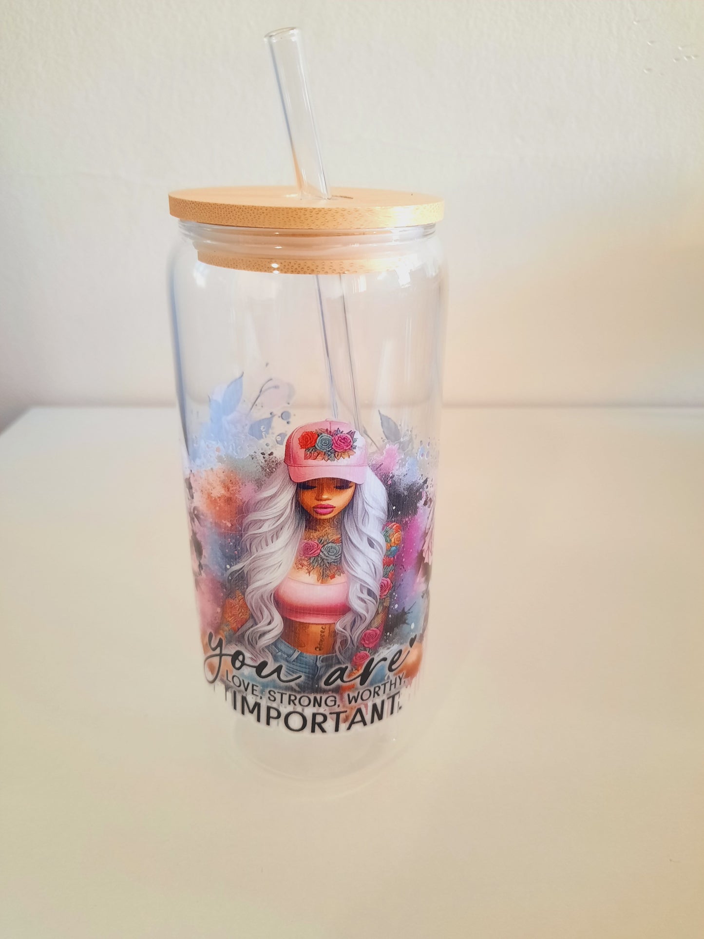 1pc customised Glass tumbler cup with bamboo lid and straw with customised adhesive waterproof sticker 600ml