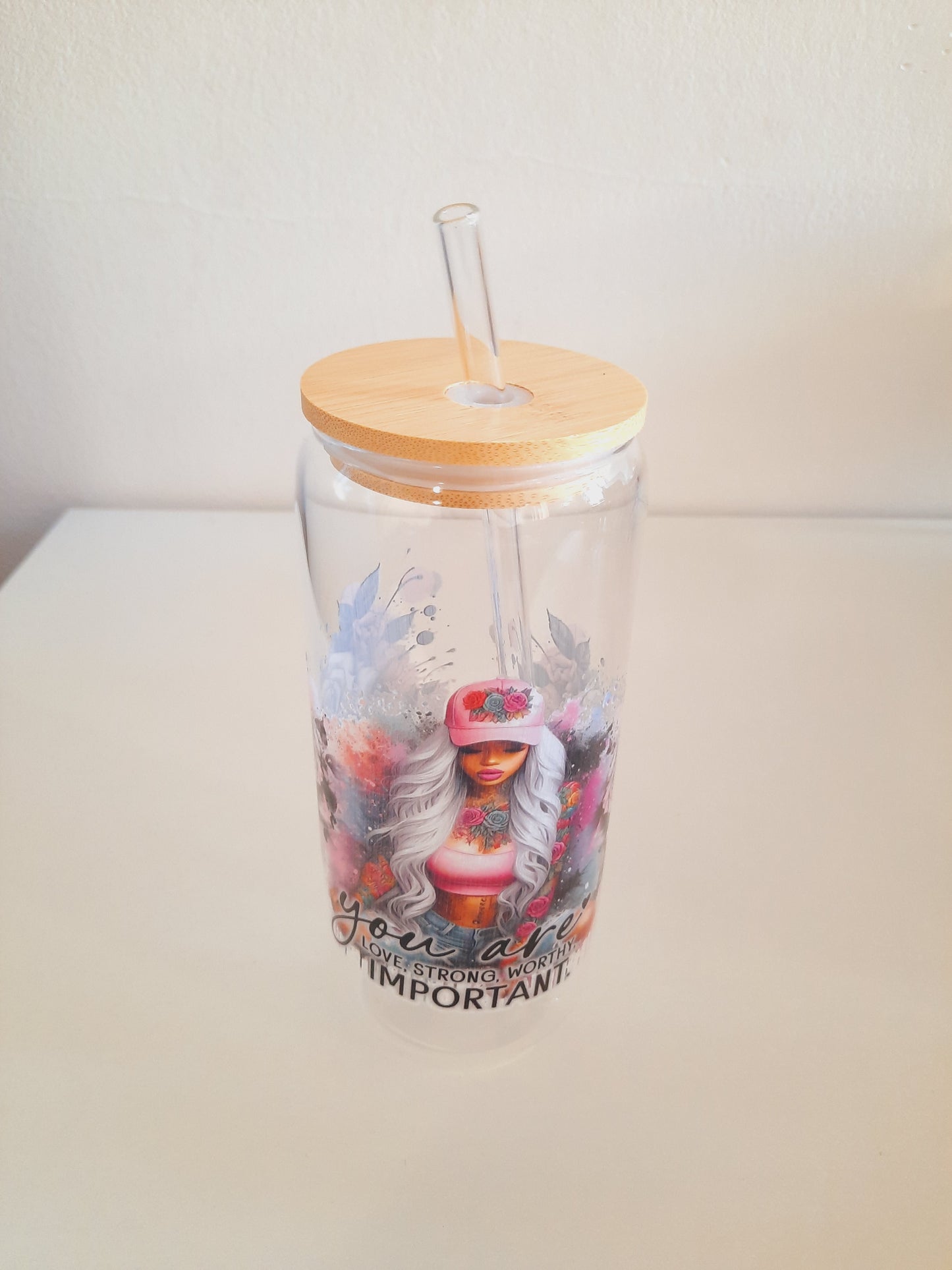 1pc customised Glass tumbler cup with bamboo lid and straw with customised adhesive waterproof sticker 600ml