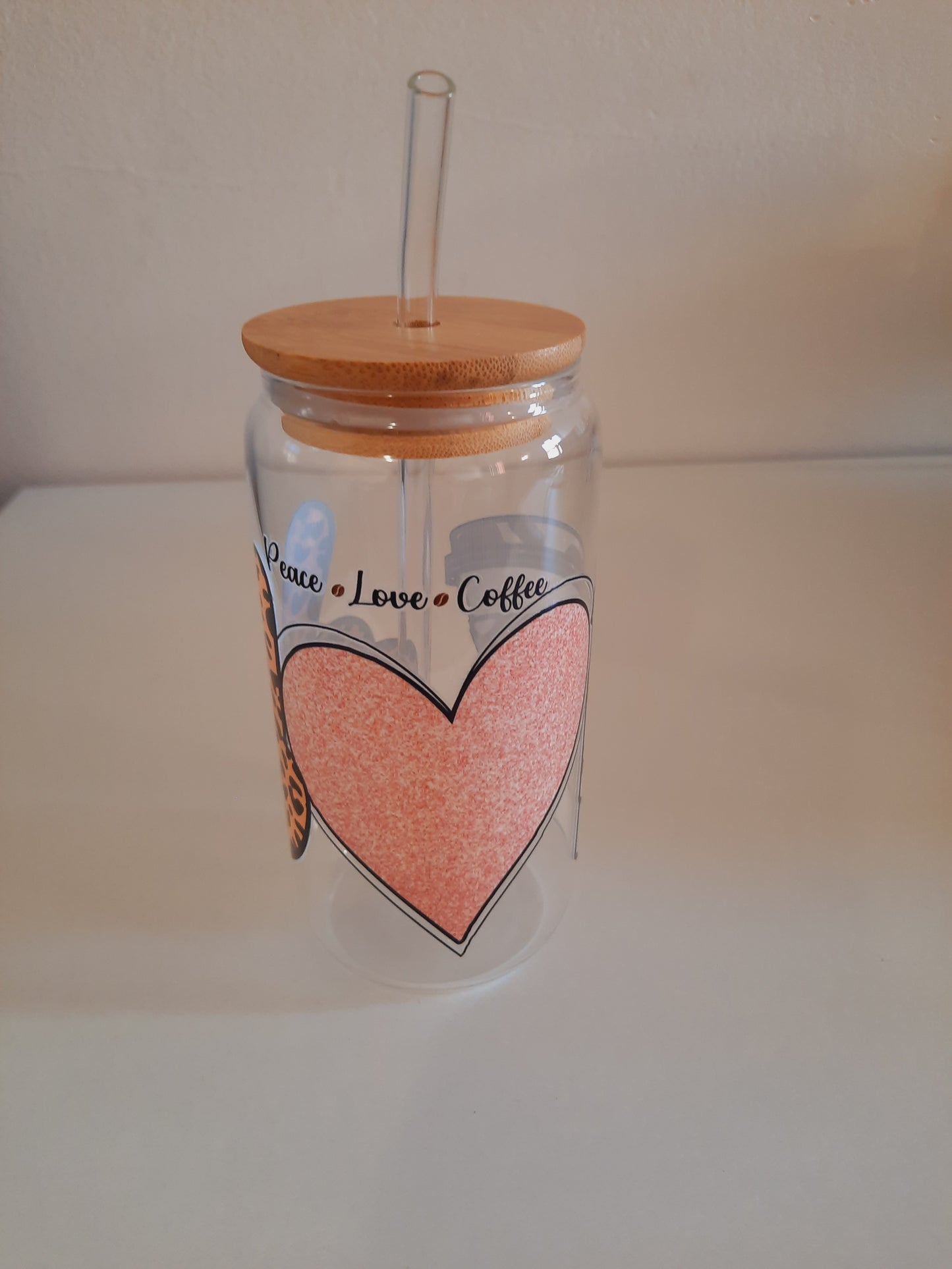 1pc customised Glass tumbler cup with bamboo lid and straw with customised adhesive waterproof sticker 500ml