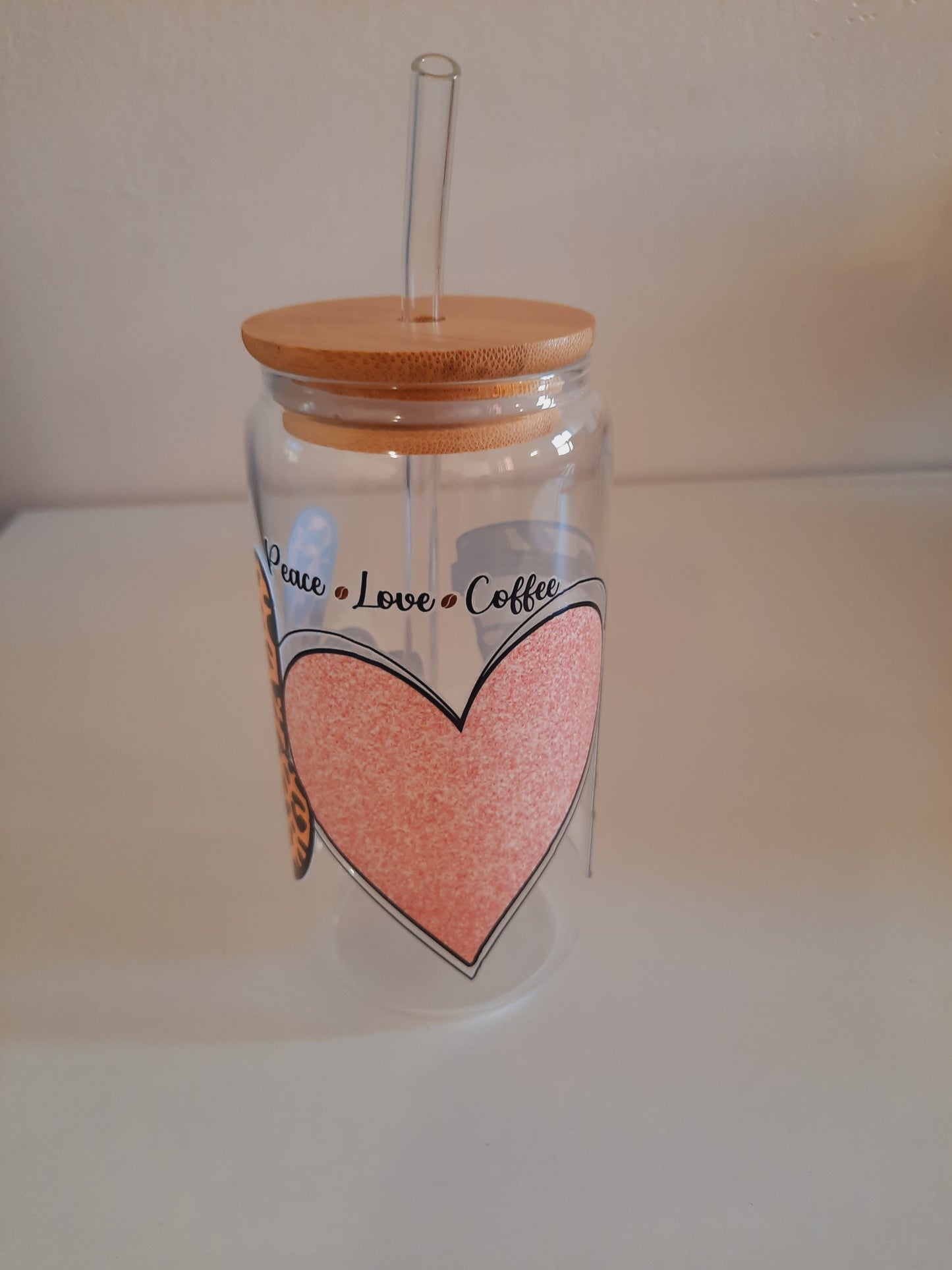 1pc customised Glass tumbler cup with bamboo lid and straw with customised adhesive waterproof sticker 500ml