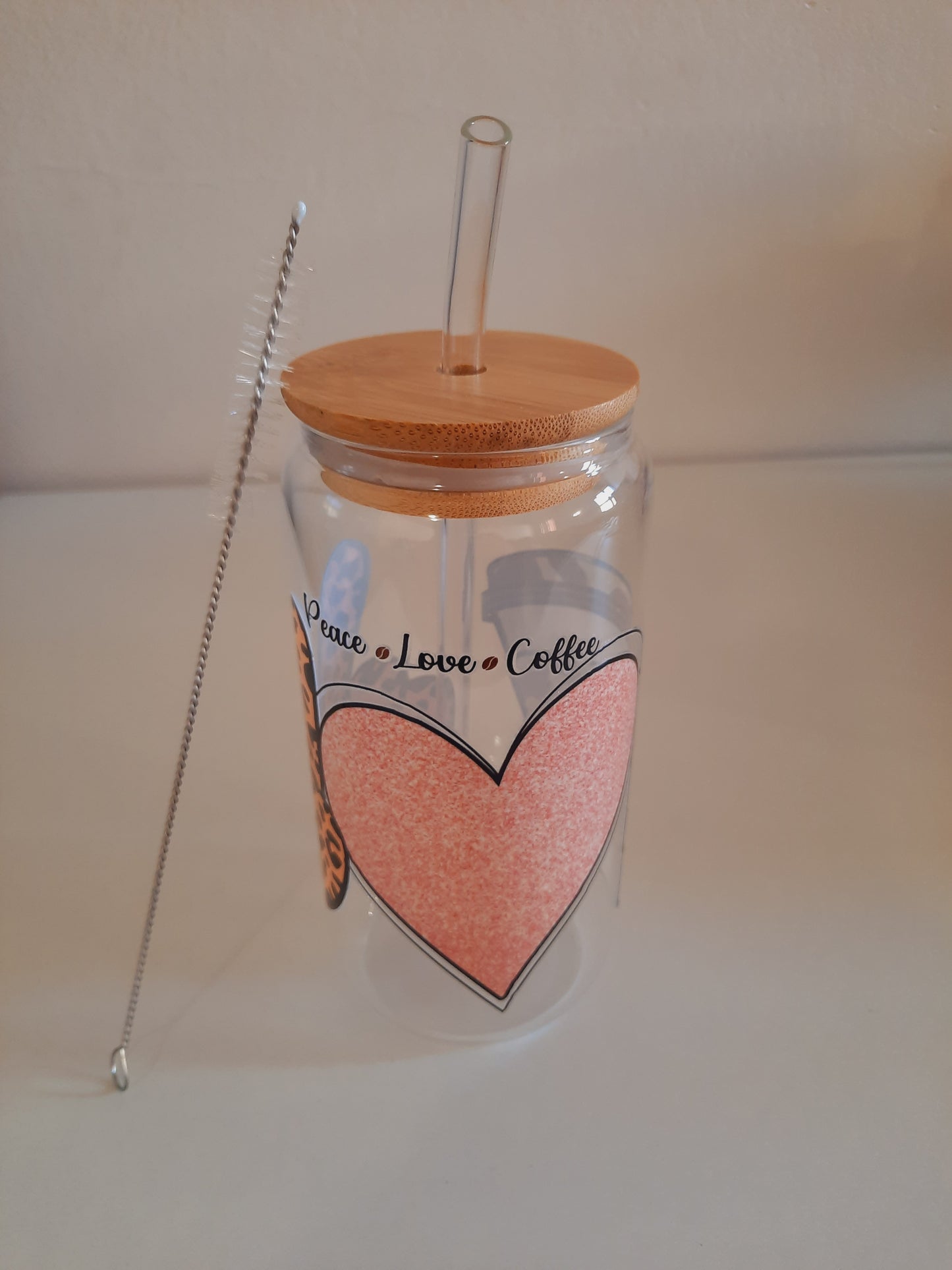 1pc customised Glass tumbler cup with bamboo lid and straw with customised adhesive waterproof sticker 500ml