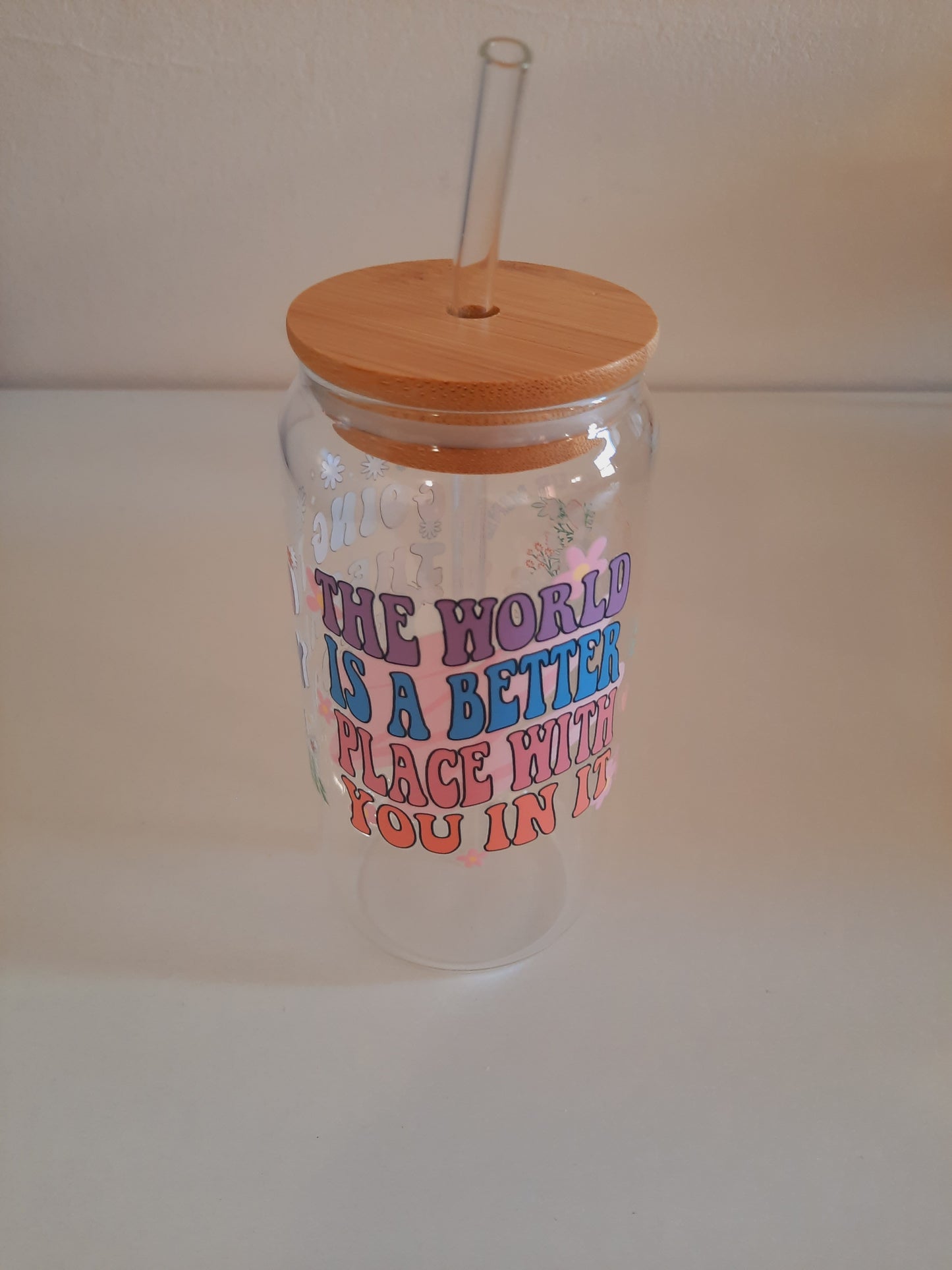 1pc customised Glass tumbler cup with bamboo lid and straw with customised adhesive waterproof sticker coffee cup 500ml